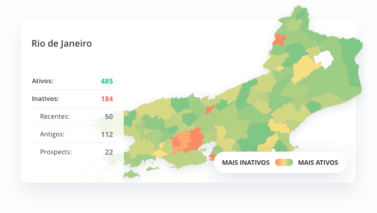 Meus Pedidos: Card com mapa do Rio de Janeiro para análise por regiões de clientes ativos, inativos, antigos e prospects.